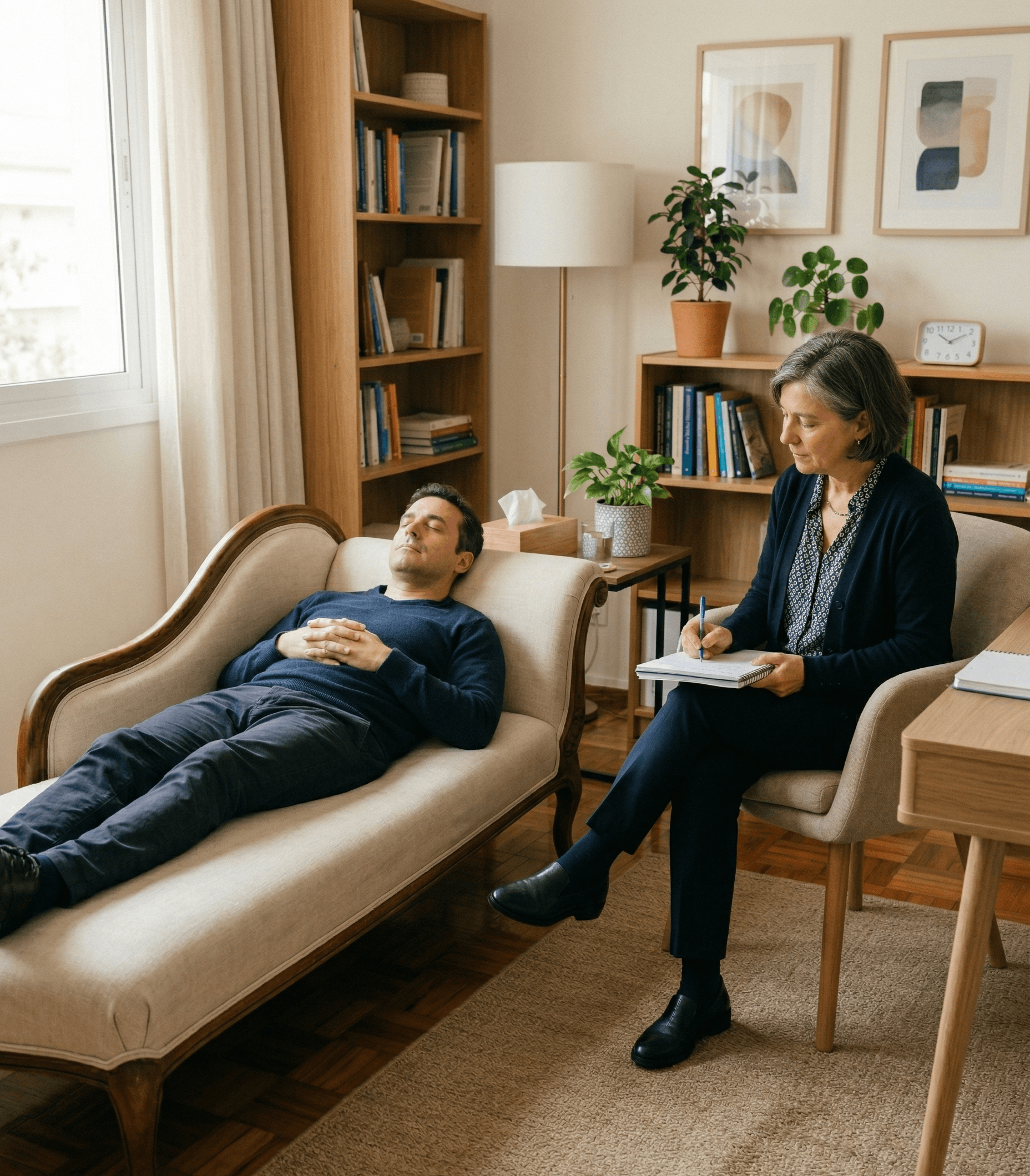 Ambiente acolhedor da Clínica Luciano Noceti — divã